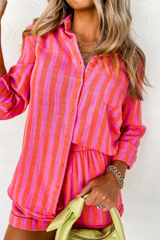 Orange Striped Colorblock Collared Long Sleeve Shirt & Shorts Set