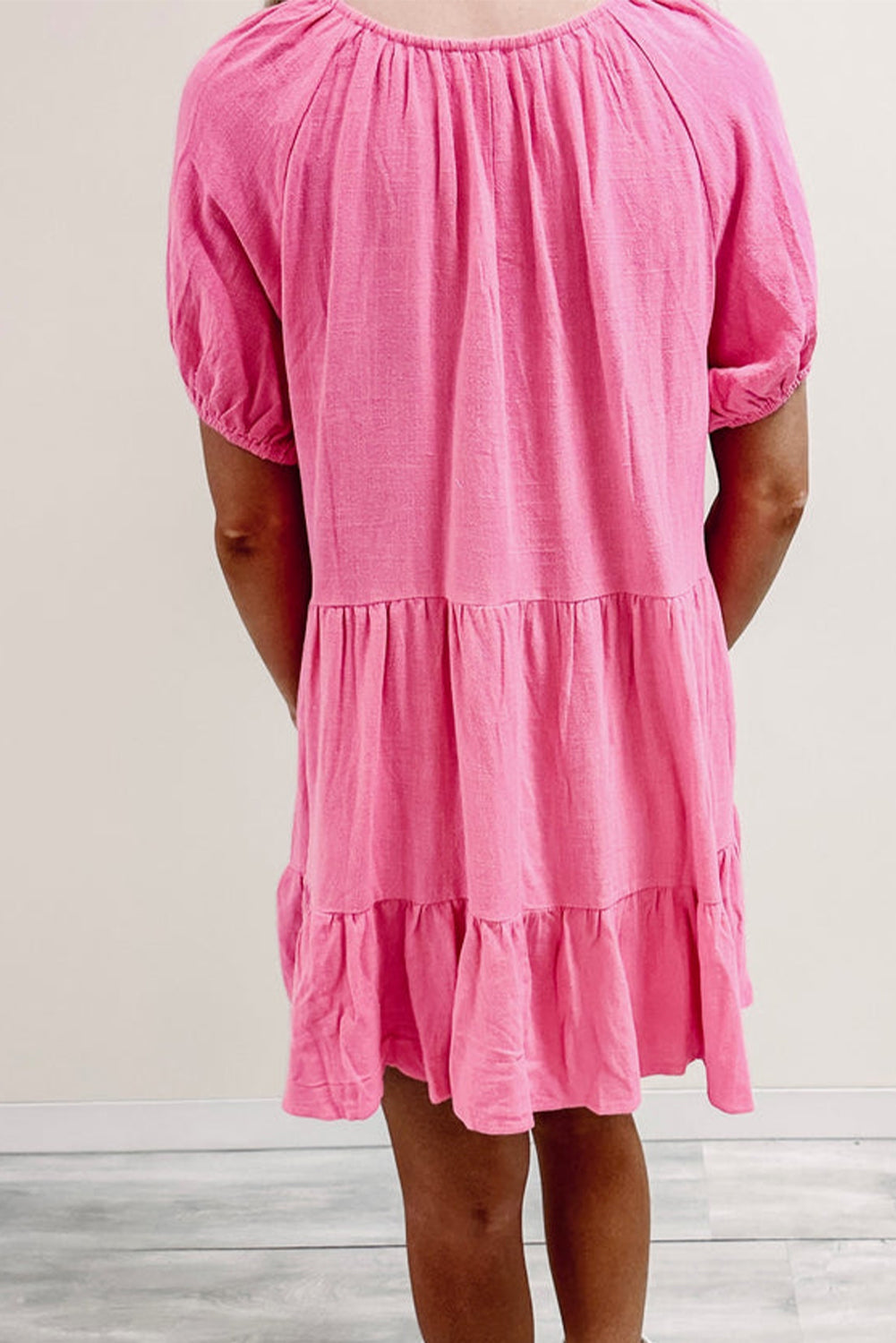 Strawberry Pink Puff Sleeve V Neck Tiered Swing Dress