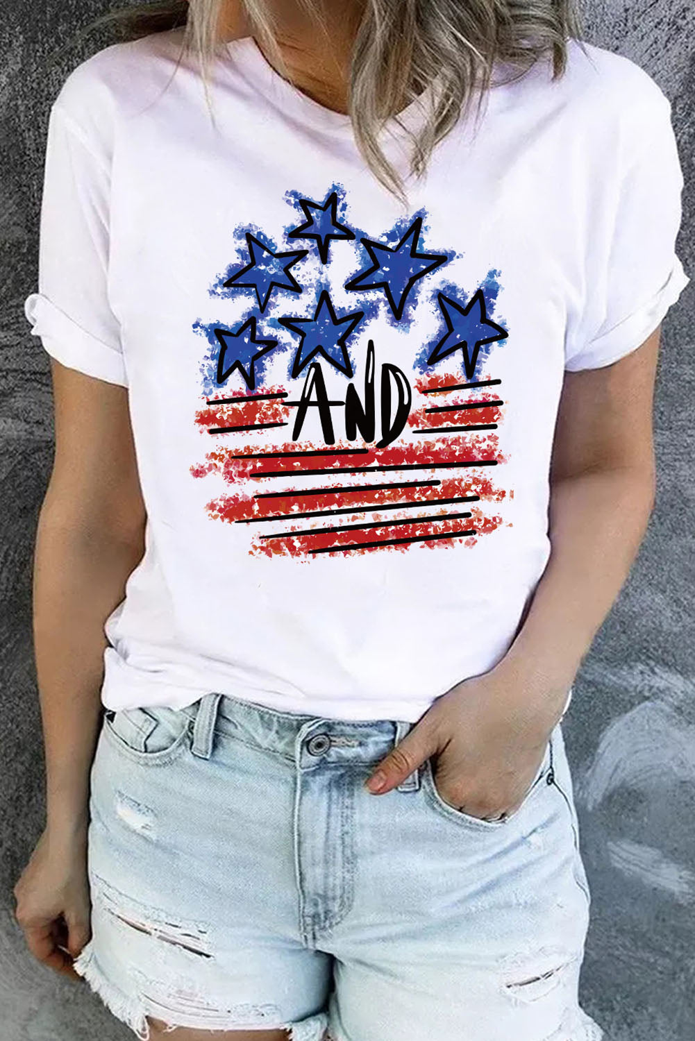White America Flag Print Stars Stripes Crewneck Graphic T Shirt