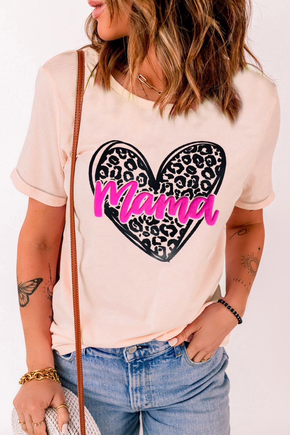 Pink mama Letter Leopard Heart Graphic Crew Neck Tee