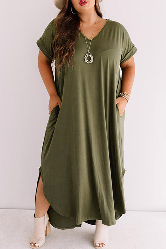 V Neck Rolled Cuffs Plus Size Maxi Dress