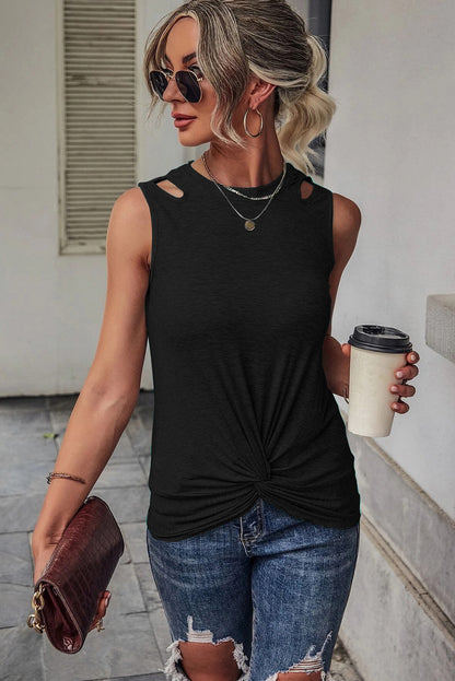 Blue Ribbed Knit Cut Out Twist Front Crew Neck Tank Top