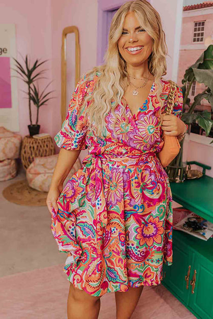 Multicolor Boho Paisley Floral Print Wrap V Neck Puff Sleeve Plus Size Dress