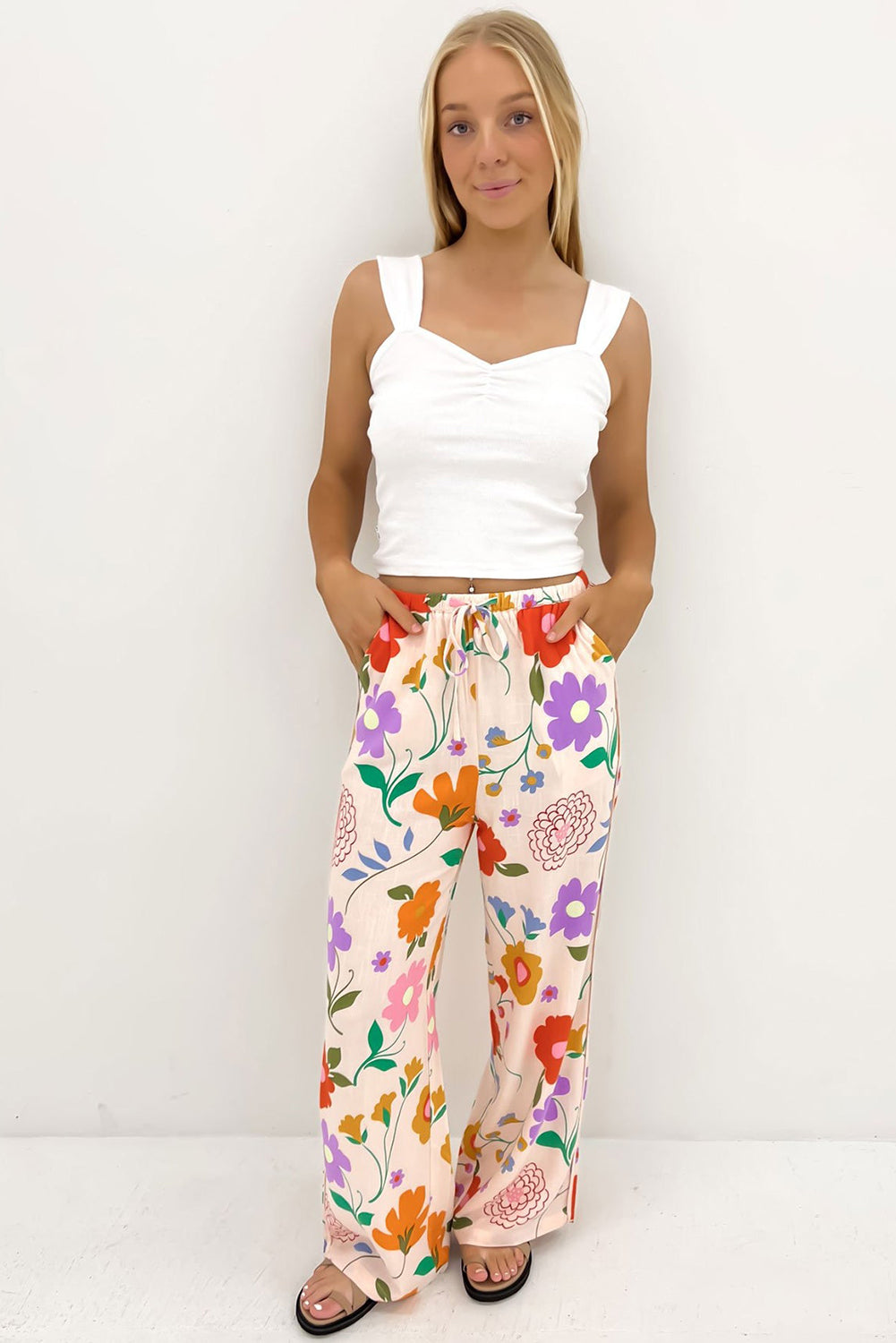 Orange Floral Print Drawstring Loose Pants