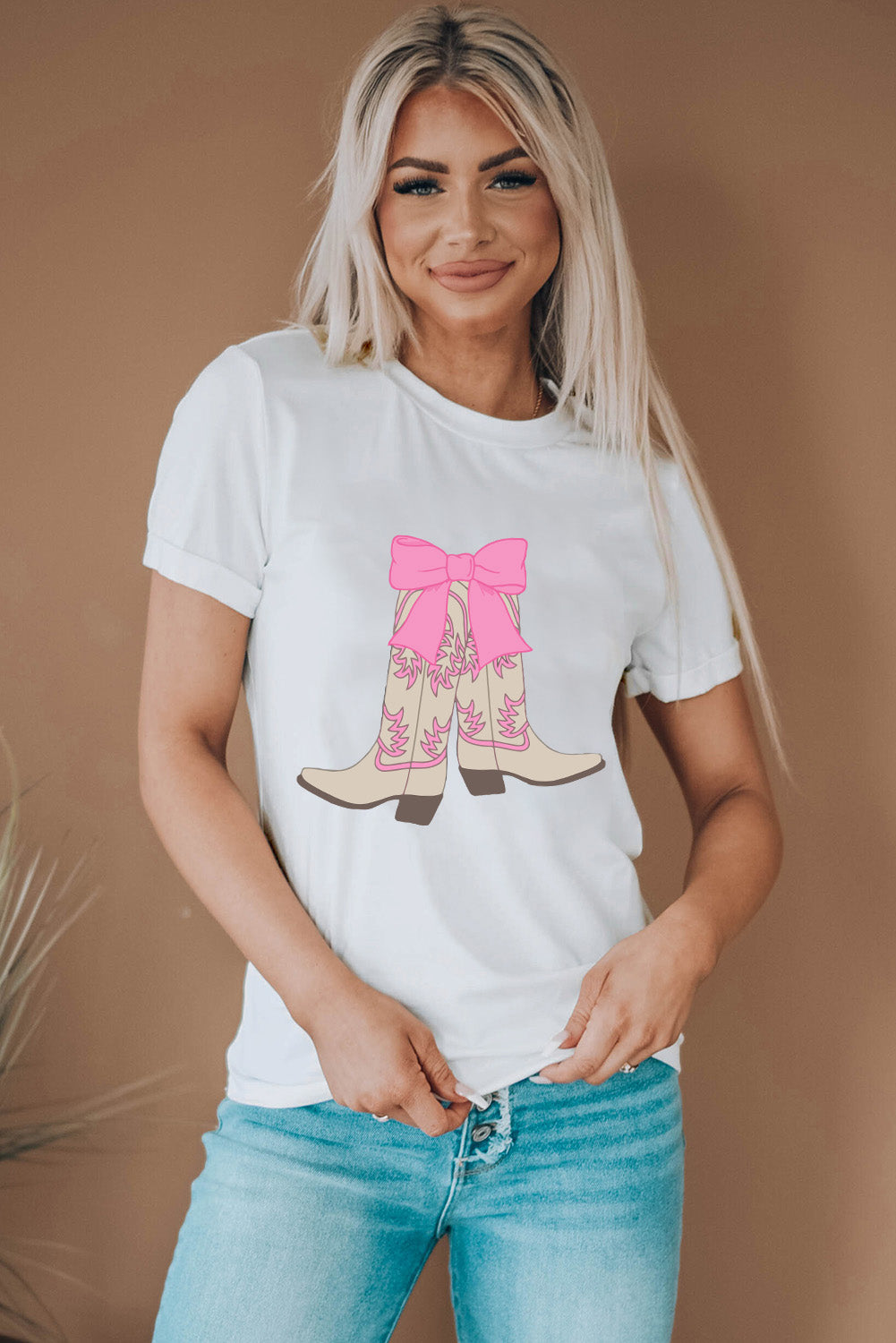 Casual Boots Bow Graphic Round Neck T Shirt