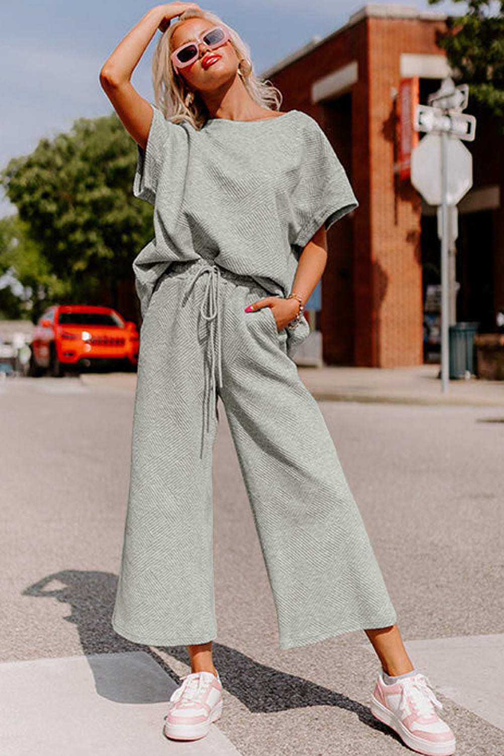 Gray Textured Loose Fit T Shirt & Drawstring Pants Set