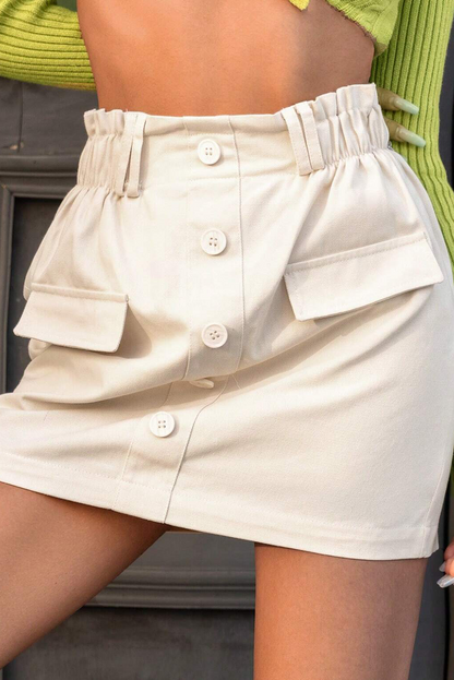 Apricot Elastic Waist A-Line Buttoned Mini Skirt