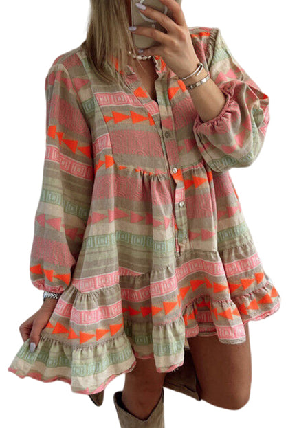 Multicolor Geometric Pattern Ruffle Mini Dress