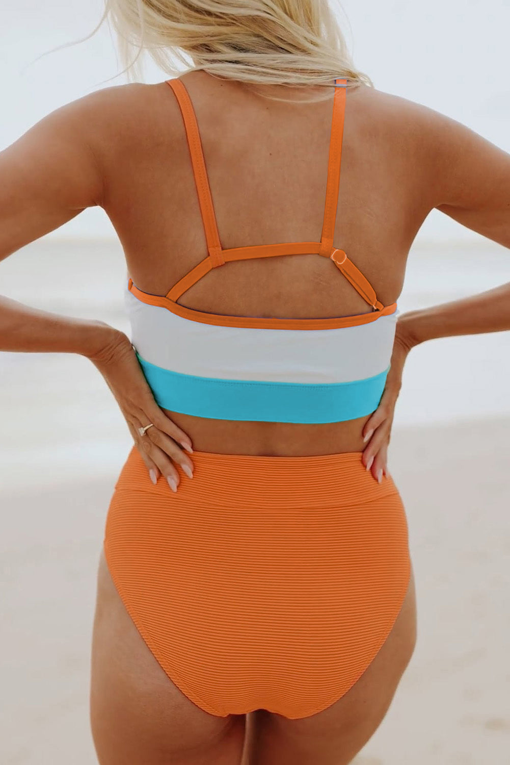 Two Piece Swimsuit Orange Color Block Spaghetti Strap High Waist