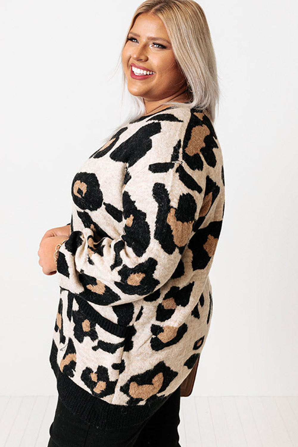 Leopard Ribbed Trim Pocketed Plus Size Sweater