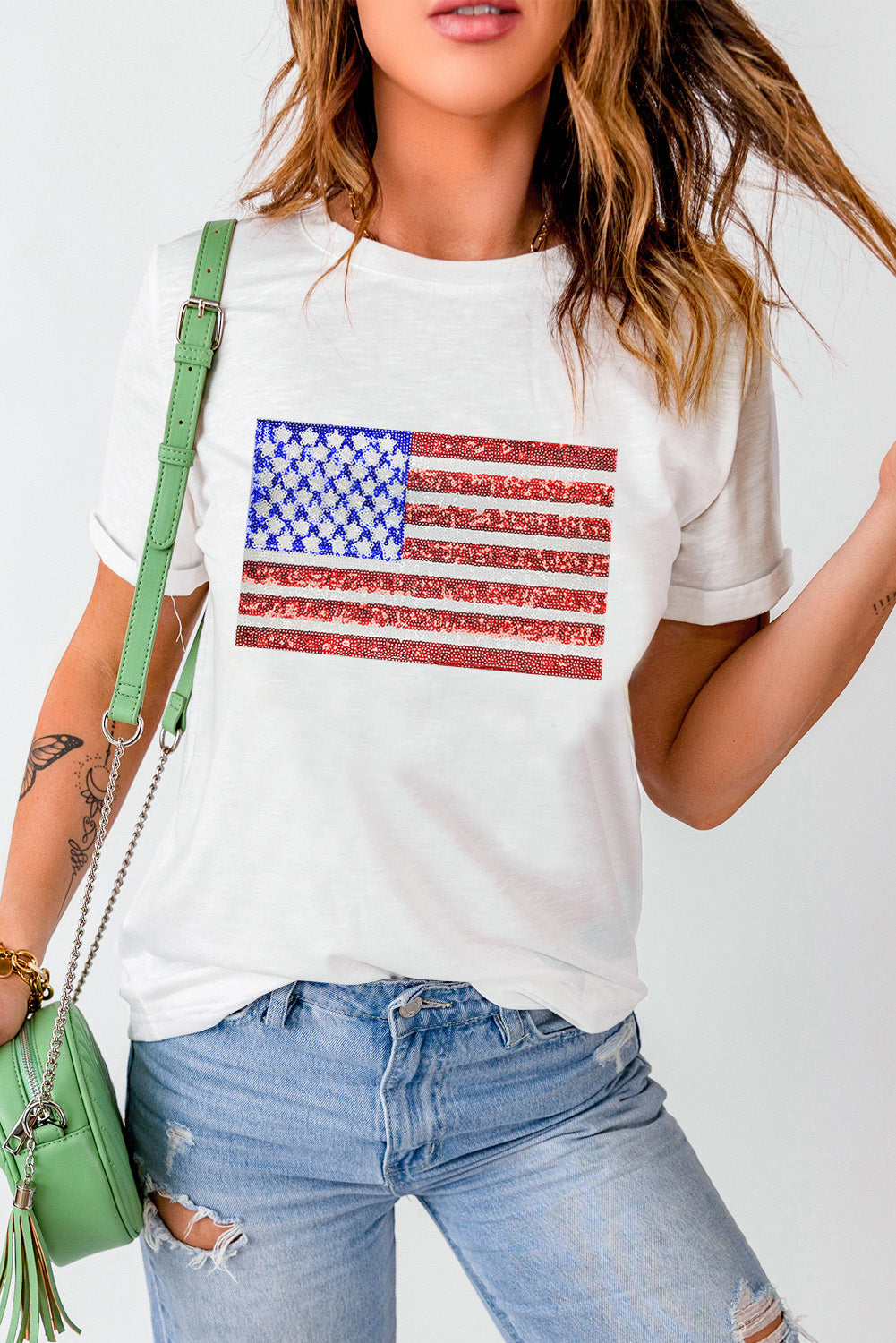 White Shimmery USA Flag Graphic Round Neck Tee