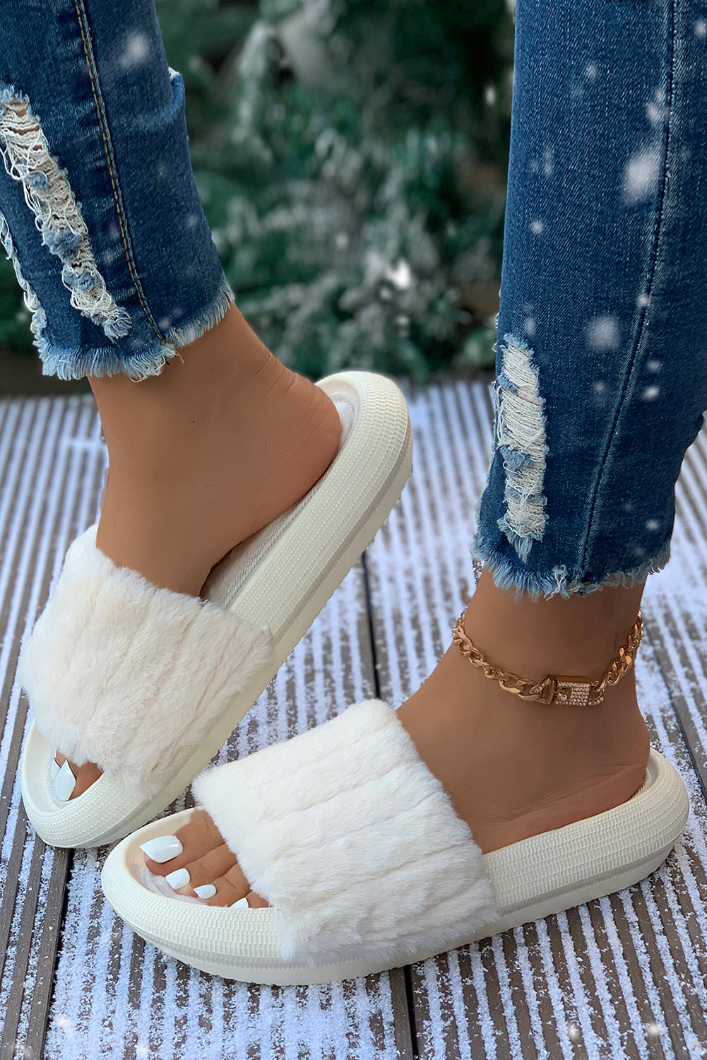 Comfy Plush Band Open Toe Flat Slippers