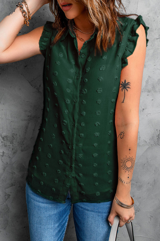 Green Casual Turn-down Collar Ruffle Polka Dot Tank Top