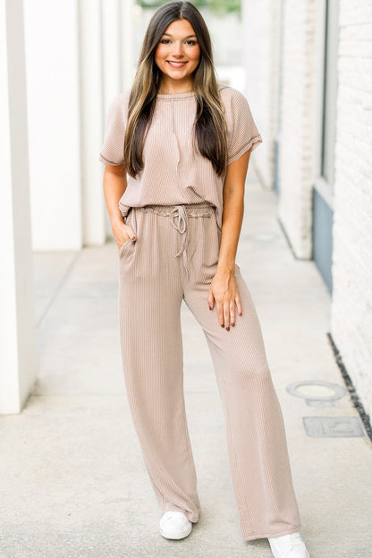 Parchment Exposed Seam Corded T-shirt and Wide Leg Pants Set
