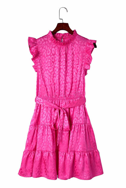 Rosy Satin Jacquard Sleeveless A-Line Leopard Print Dress