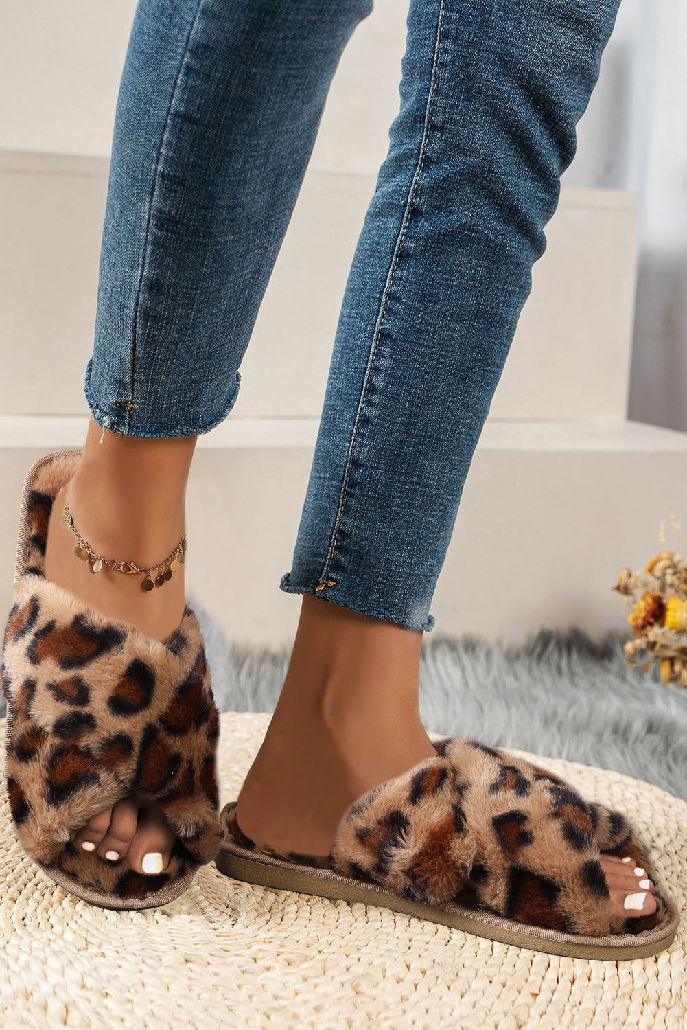 Gray Leopard Crossed Straps Furry Slippers
