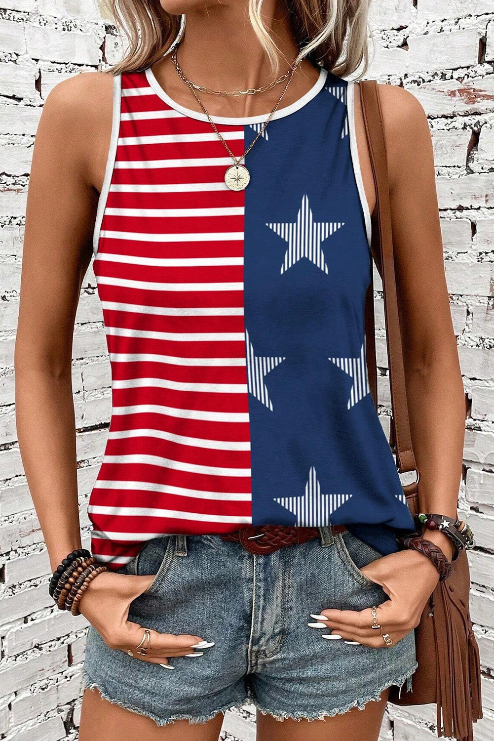 USA Flag Print Colorblock Round Neck Tank Top