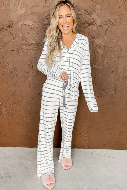 White Striped Print Long Sleeve Top & Drawstring Pants Pajamas Set