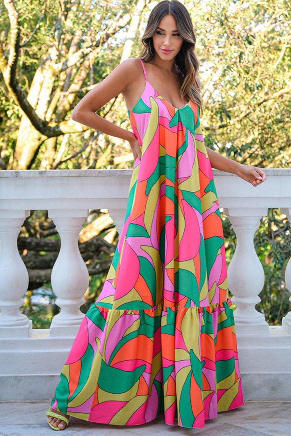 Multicolor Geometric Colorblock V Neck Tiered Maxi Dress