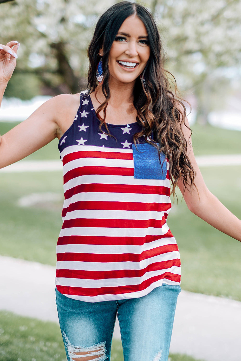 Casual American Flag Stars Stripes Pocket Racerback Tank Top