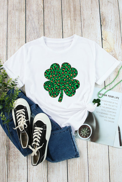 White Leopard Four Leaf Clover Graphic Round Neck Tee