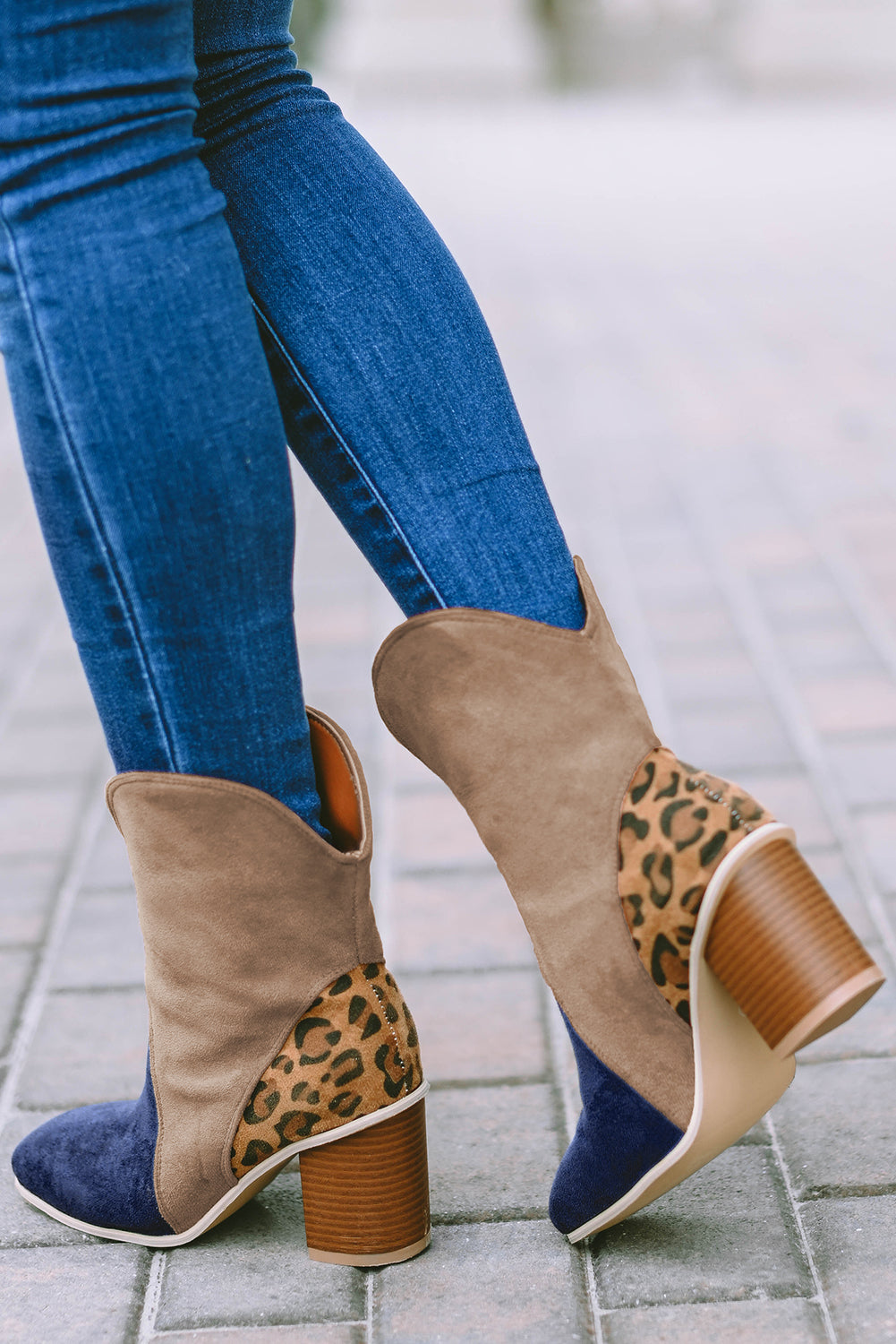 Leopard Print Patchwork Chunky Block Heel Boots