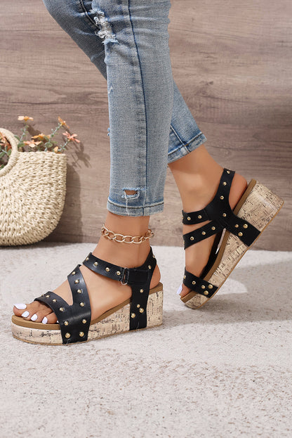 Black Rivet Hollow Out Leather Wedge Sandals