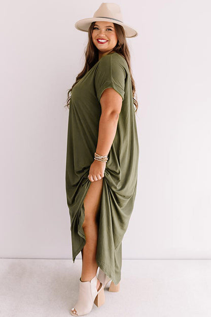 V Neck Rolled Cuffs Plus Size Maxi Dress