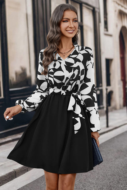 White Color Block Belted Long Sleeve Mini Dress