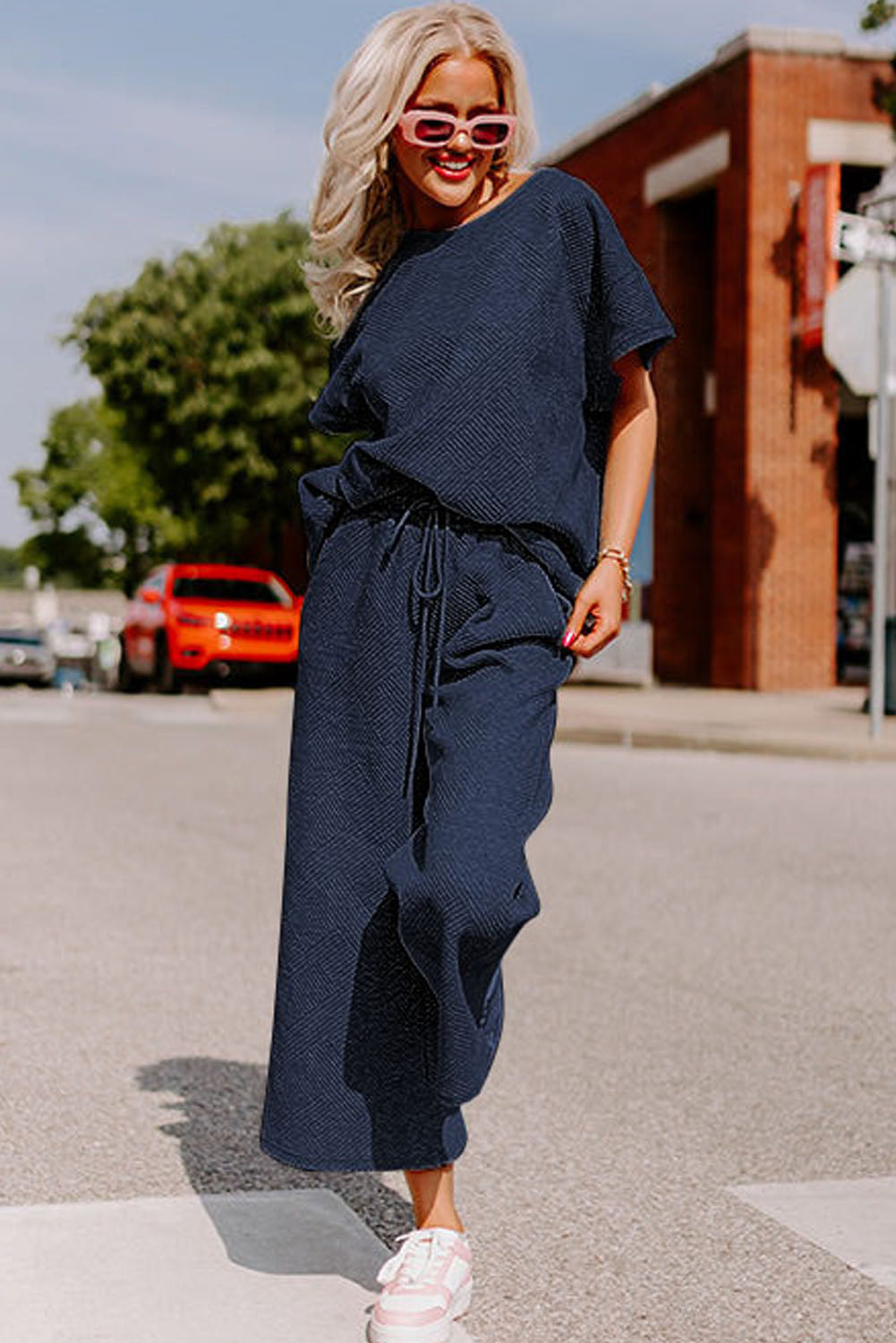 Gray Textured Loose Fit T Shirt & Drawstring Pants Set