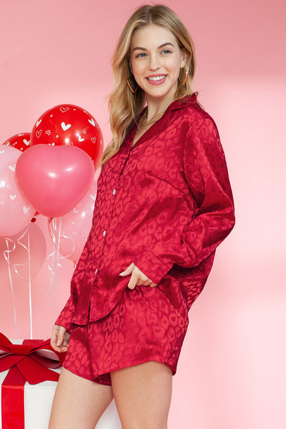 Red Leopard Satin Long Sleeve Top & Shorts Loungewear Set