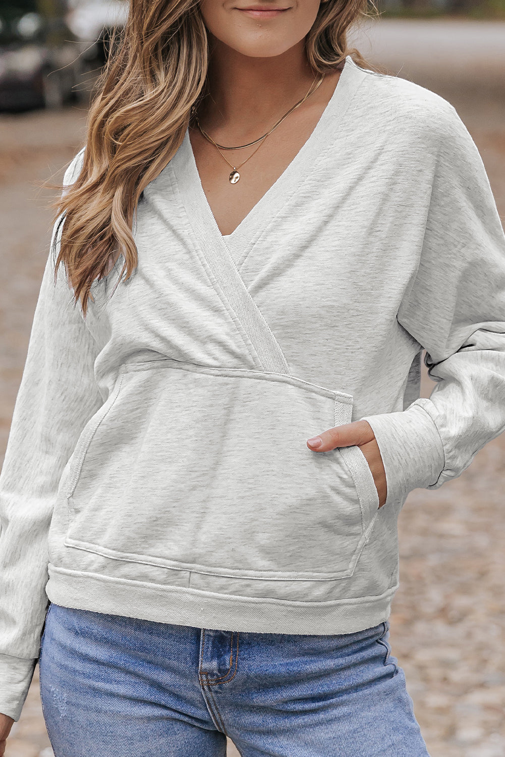 Gray Contrast Trim V Neck Wrap Sweatshirt with Pocket