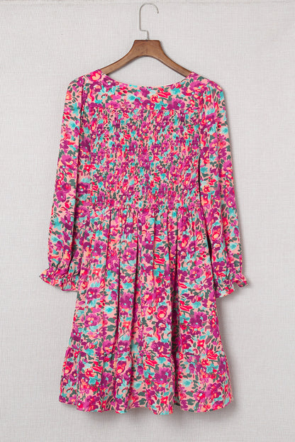 Floral Print Long Sleeve Flounce Hem V Neck Smocked Dress