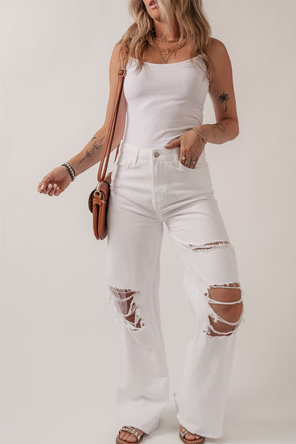 White Heavy Distressed Straight Leg Jeans