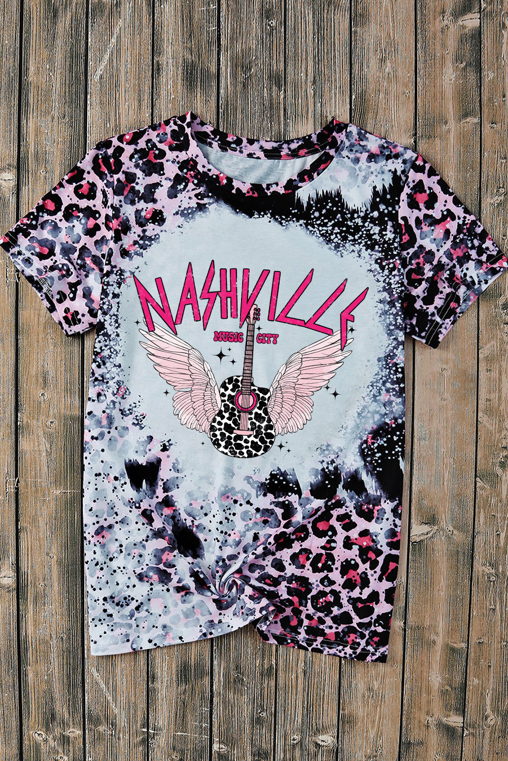 Pink NASHVILLE MUSIC CITY Graphic Bleached Leopard Tee