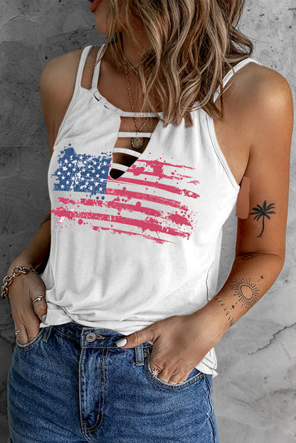 White Distressed American Flag Print Spaghetti Strap Tank Top