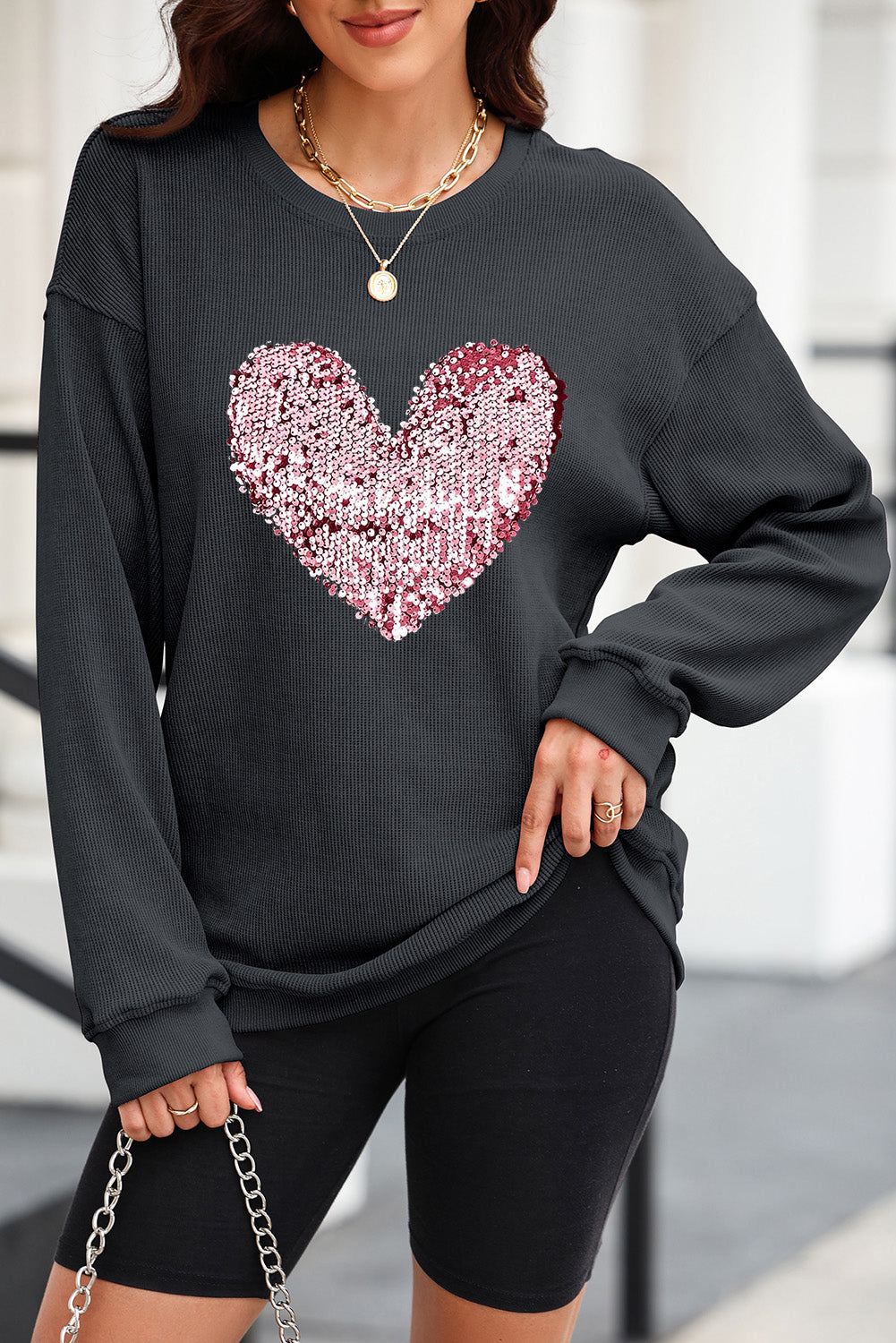 Black Corded Sequin Heart Graphic Crewneck Sweatshirt