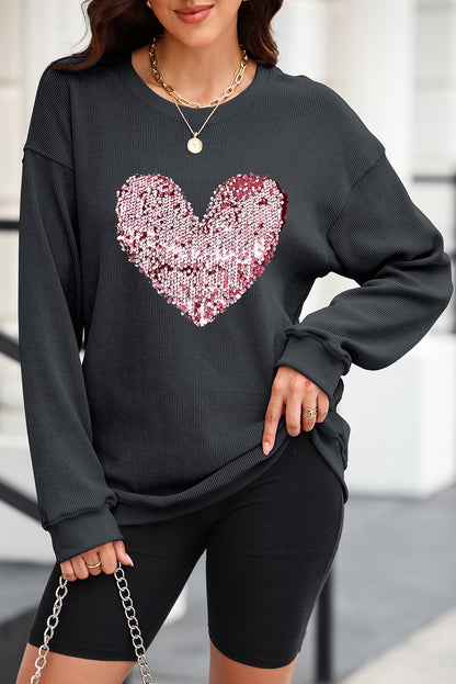 Black Corded Sequin Heart Graphic Crewneck Sweatshirt