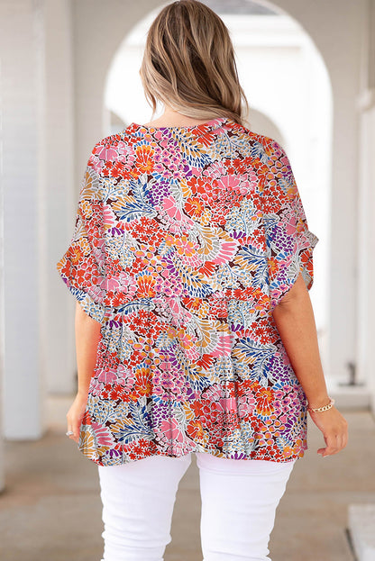 Multicolor Floral Print V Neck Half Sleeve Plus Size Blouse