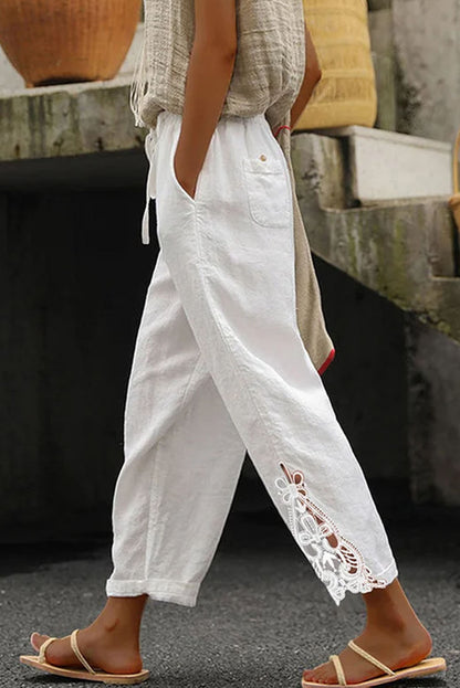 White Lace Splicing Drawstring Linen Pants