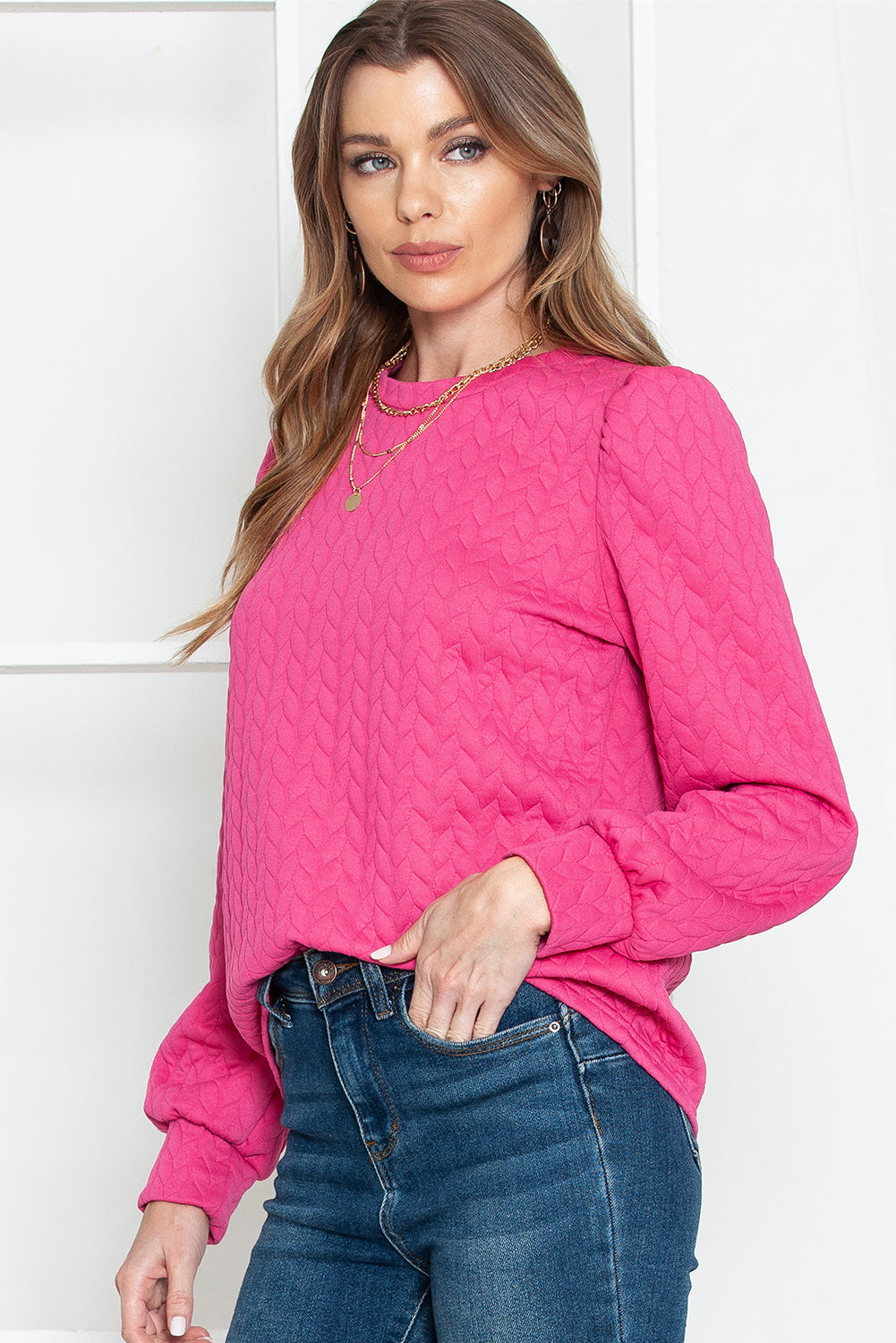 Rosy Waffle Quilted Puff Sleeve Sweatshirt