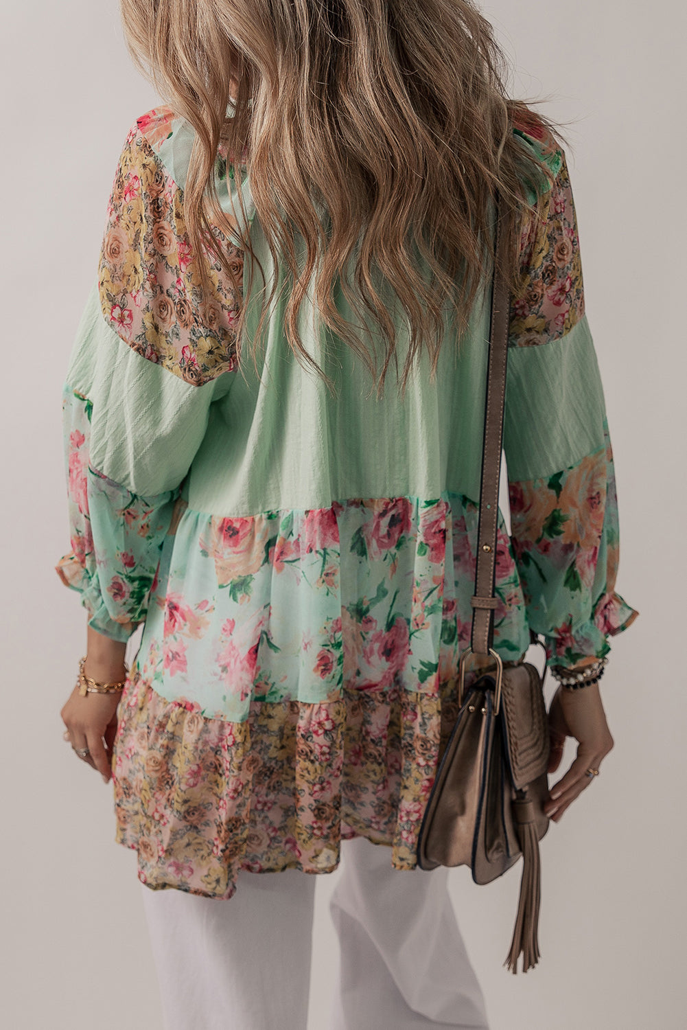 Green Floral Patchwork Frilled Split Neck Blouse