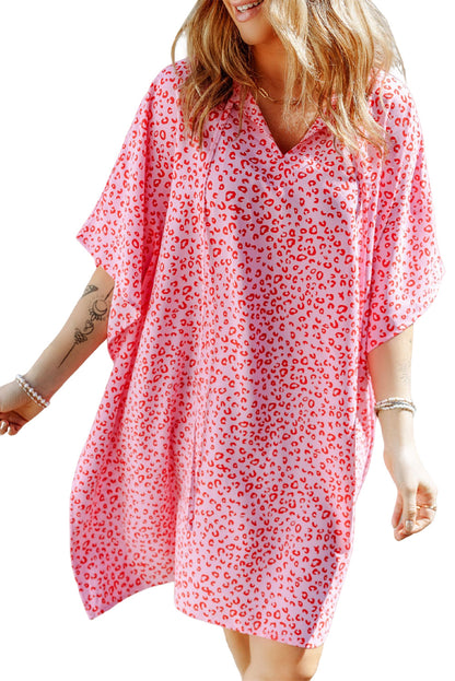 Rosy Leopard Print Oversized Casual Half Sleeve V Neck Top