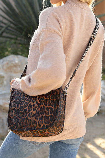 Chestnut Faux Crocodile Leather Leopard Strap Square Bag