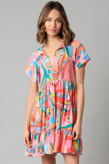 Multicolor Abstract Print Split V Neck Short Sleeve Tiered Dress