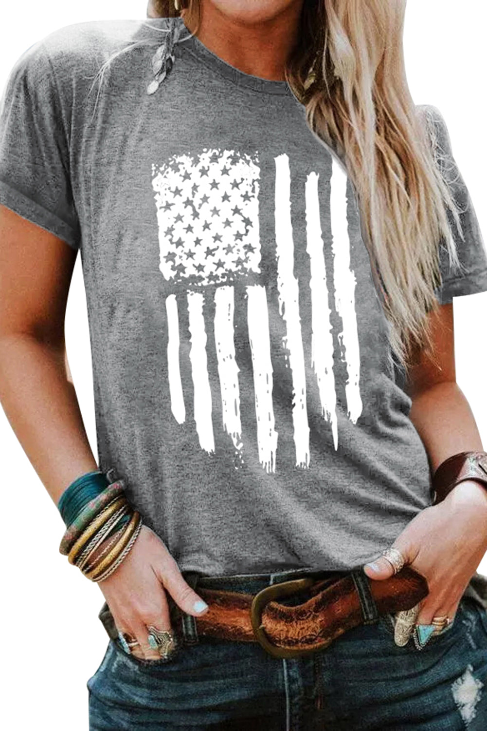 Gray Casual American Flag Graphic Crew Neck T Shirt