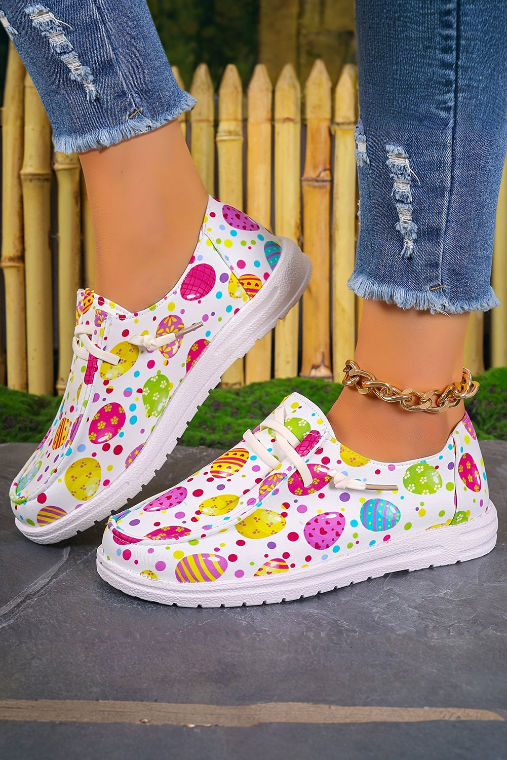 Light Pink Easter Eggs Printed Square Toe Slip On Sneakers