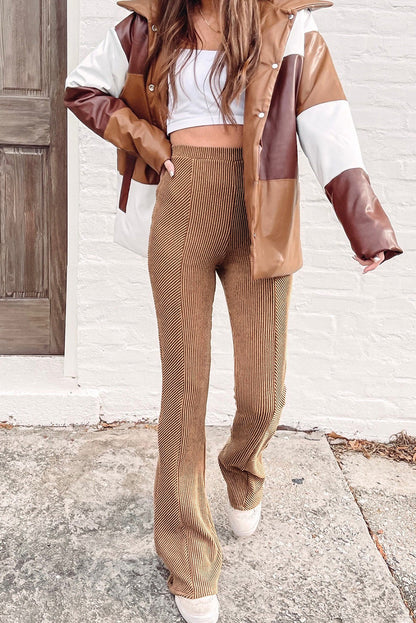 Brown Casual Ribbed Knit High Rise Flare Leggings