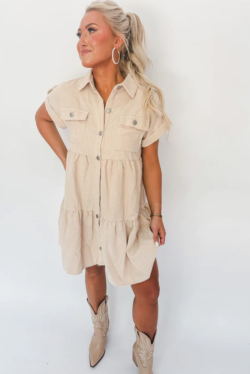 Beige Corded Button Up Tiered Mini Shirt Dress