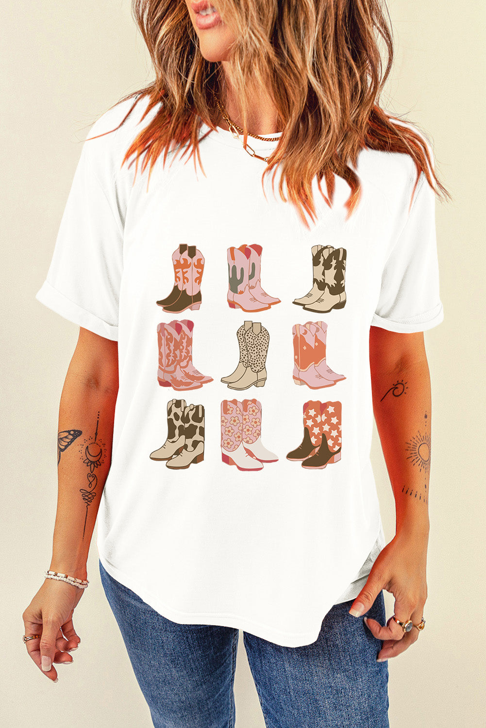 Mixed Boots Graphic Round Neck Roll Up Sleeve T Shirt